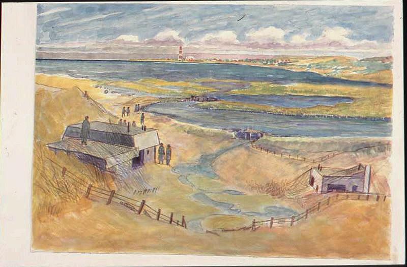 Paysage de bords de mer avec des prisonniers autour d'un blockhaus et une cheminée à l'horizon (titre factice)_0