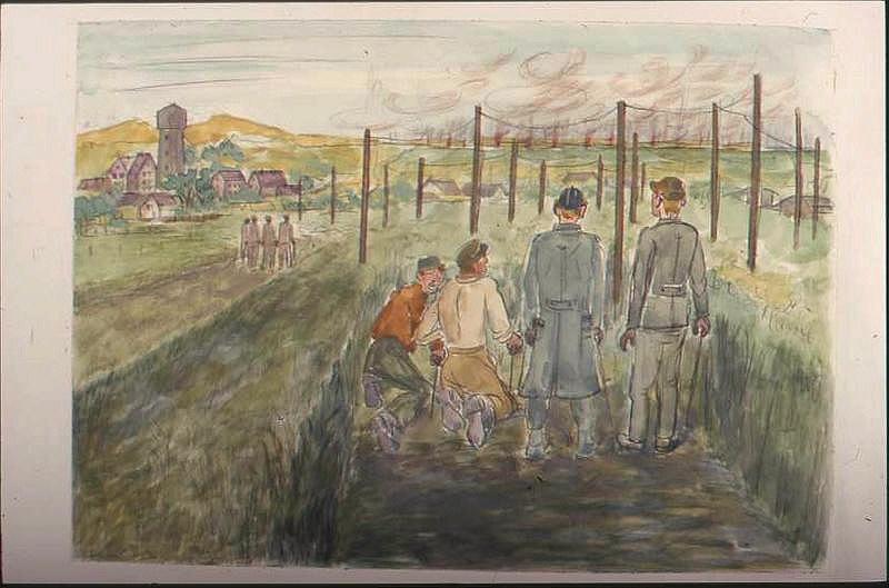 Paysage après la bataille, avec quatre personnages de dos au premier plan, tirant des mines, avec village et château d'eau à gauche (titre factice)_0