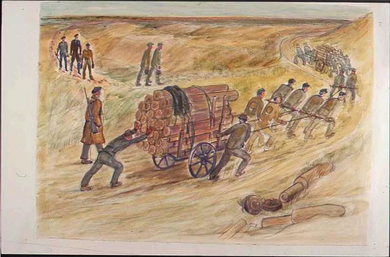 Chariot de bois tiré par des prisonniers dans les dunes (titre factice)_0