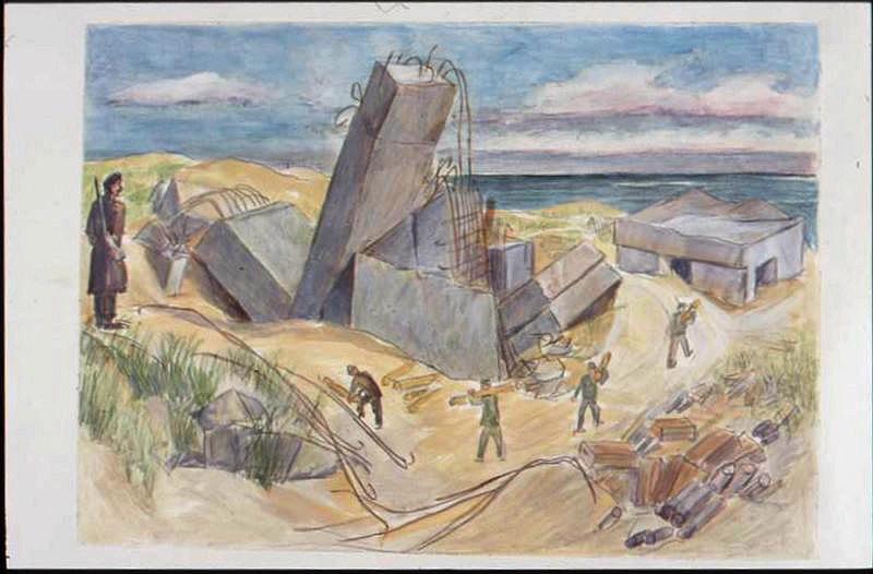Après la bataille, un blockhaus effondré dans les dunes avec quatre prisonniers travaillant autour et surveillés par un militaire (titre factice)_0