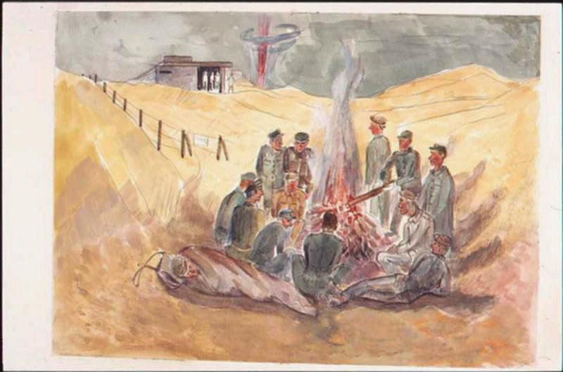 Après la bataille, prisonniers autour d'un feu dans les dunes, avec explosion à l'horizon (titre factice)_0