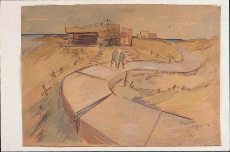 Deux prisonniers marchant sur une route dans les dunes, sur une voie devant un blockhaus (titre factice)_0