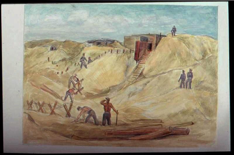 Prisonniers travaillant dans les dunes devant un blockhaus, avec deux billots de bois au premier plan (titre factice)_0