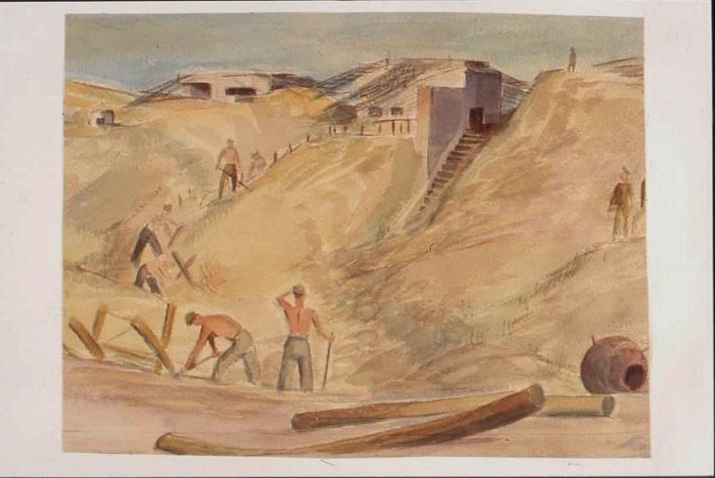 Prisonniers travaillant dans les dunes devant un blockhaus par temps sombre, avec deux billots de bois au premier plan (titre factice)_0