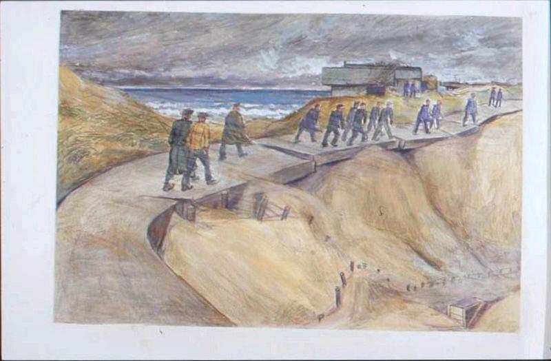 File de prisonniers marchant sur voie dans les dunes, devant un blockhaus, en bord de mer (titre factice)_0