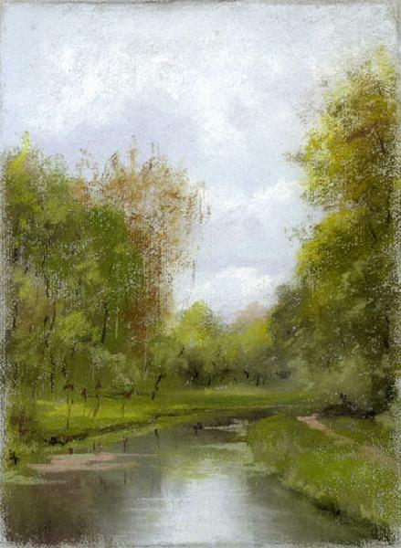 Paysage : Cours d'eau et ses berges bordées d'arbres (titre factice), Félix Michel, 4e quart 19e siècle, 1er quart 20e siècle