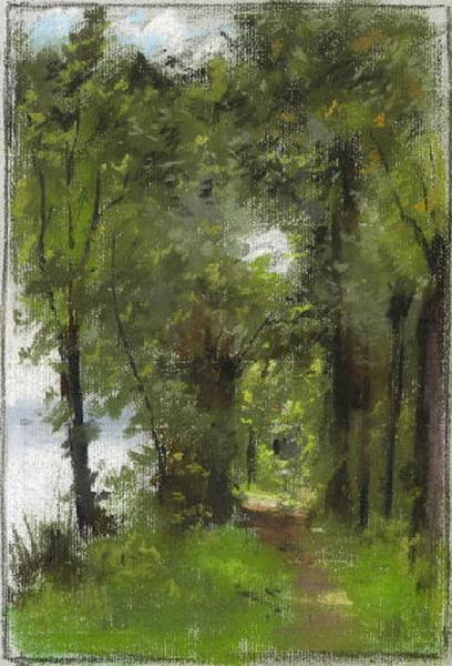 Paysage : Chemin boisé en bord de plan d'eau (titre factice), Félix Michel, 4e quart 19e siècle, 1er quart 20e siècle