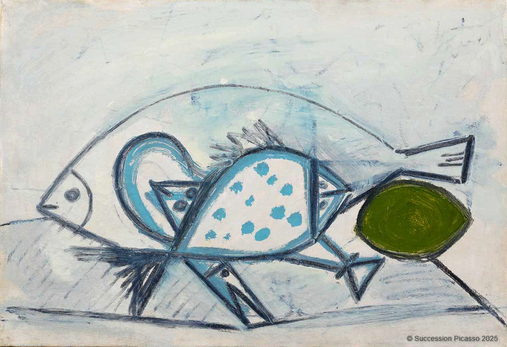 Nature morte aux trois poissons, à la murène, au citron vert sur fond blanc, Pablo Picasso, 1946