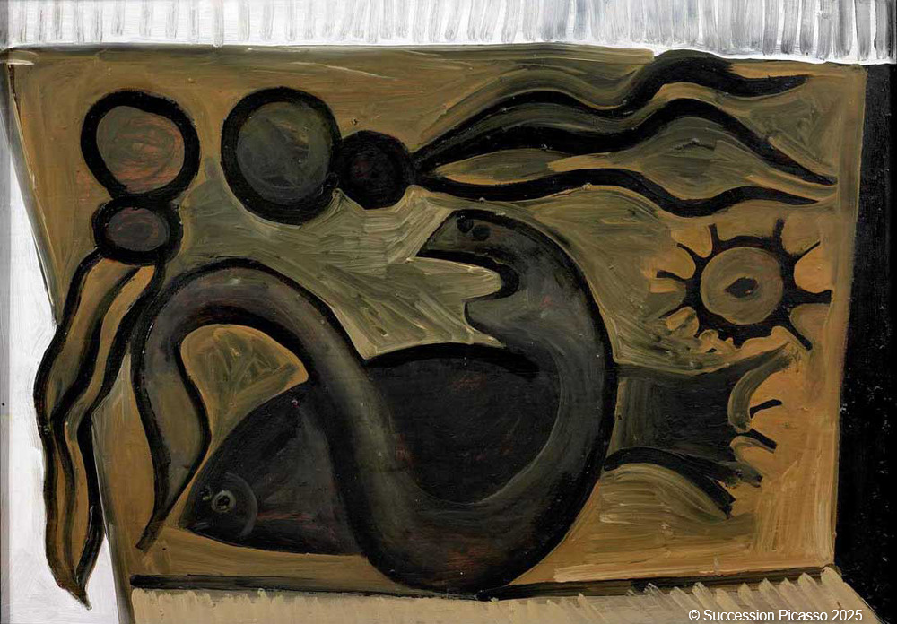 Nature morte aux poissons noirs (deux poulpes, murène, sole, oursin), Pablo Picasso, 1946