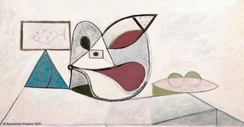 Nature morte au compotier de raisin, à la guitare et assiette avec deux pommes, Pablo Picasso, 1946