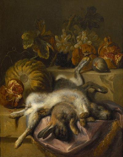 Nature morte : deux lièvres morts avec une citrouille_0