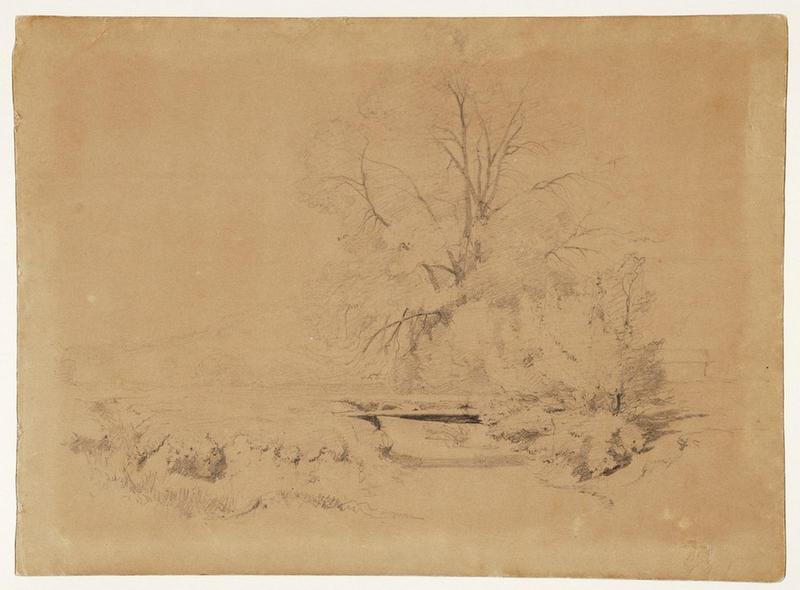 Etude de paysage avec groupe d'arbres et petit pont, Antoine Viot, 19e siècle