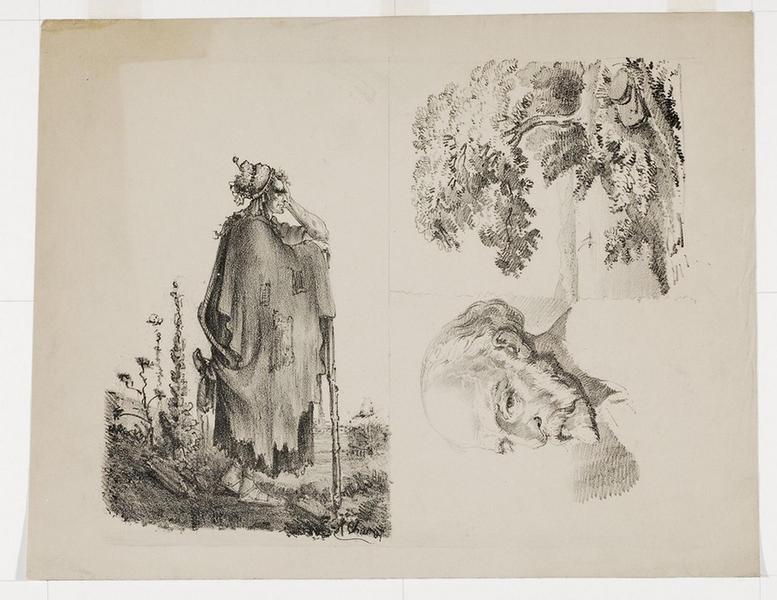 Une mendiante- Un portrait d'homme - Un paysage (3 sujets sur la même planche), Alfred Chanut, 4e quart 19e siècle, 1er quart 20e siècle