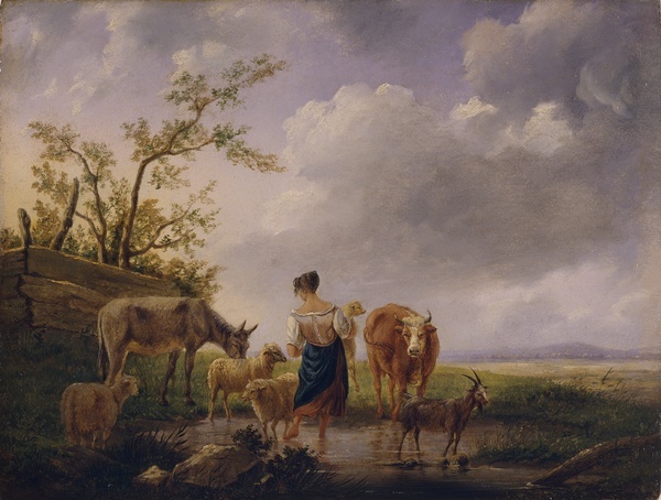 Bergère menant ses bêtes à l'abreuvoir, Henricus Josephus Antonissen, 18e siècle
