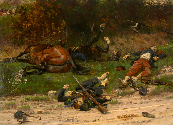 Chasseur à pied, lignard et chevaux tués, Alphonse de Neuville, 1883