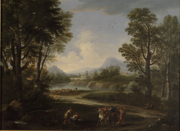 Paysage avec cavaliers, voyageurs et troupeau, Andrea Locatelli, s.d.