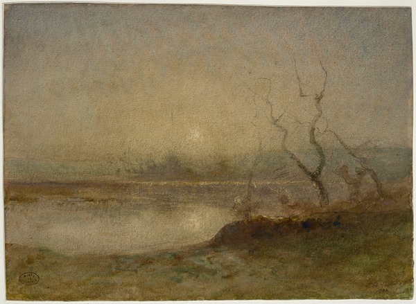 Effet du soir, étang de la Levaz près de Morestel ; Vue des environs de Crémieu ; plaine marécageuse avec des roseaux et des saules. Effet du soir (Ancien titre)_0
