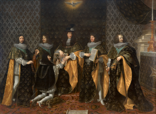 Louis XIV, au lendemain de son sacre, reçoit le serment de son frère Monsieur, duc d'Anjou, comme chevalier de l'Ordre du Saint-Esprit à Reims, le 8 juin 1654_0