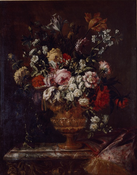 Vase de fleurs sur une table de marbre, Jean-Baptiste Monnoyer, 17e siècle