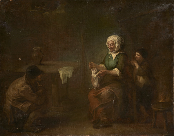 Une vieille femme et son chat, Louis De Moni, 18e siècle
