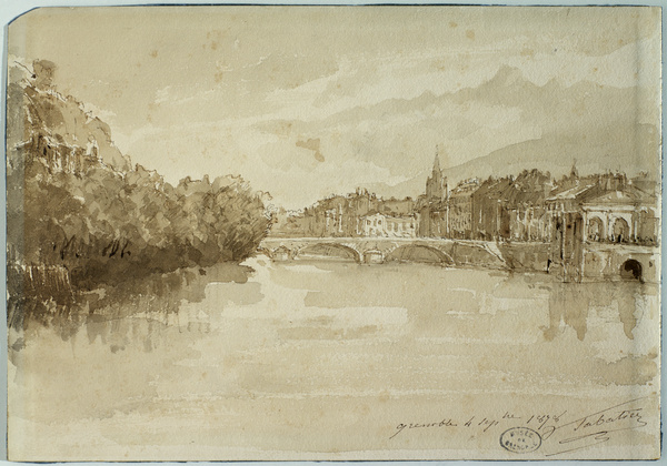 Vue de Grenoble (L'Isère, le clocher Saint-André, les Alpes), François-Victor Sabatier, 19e siècle