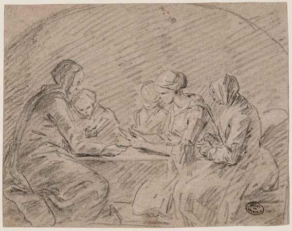 Personnages jouant aux cartes ; Trois femmes et deux enfants assis autour d'une table (Ancien titre), Joseph François Parrocel, 18e siècle