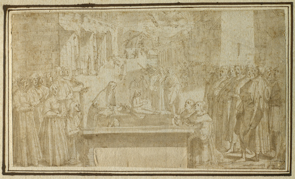 Le Miracle de l'enfant ressuscité, d'après Domenico Ghirlandaio ; Fresque de la chapelle des Sassetti, S.Trinita Florence (Ancien titre), Andrea Boscoli, 16e siècle