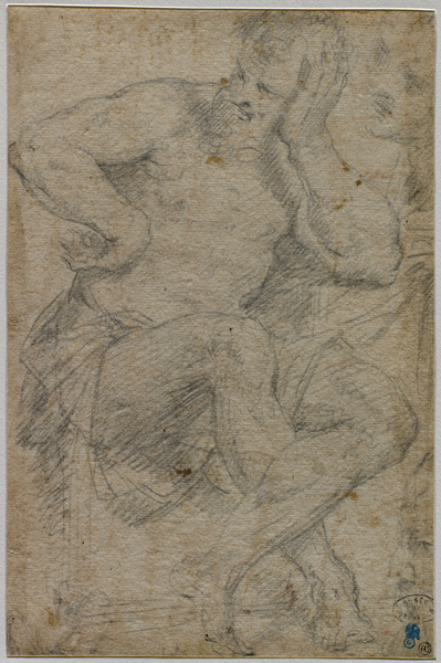 Etude pour une figure d'homme assis, les jambes croisées, reprise de sa tête (?) ; profil d'homme en bas à droite (coupé), Daniele Crespi, 17e siècle