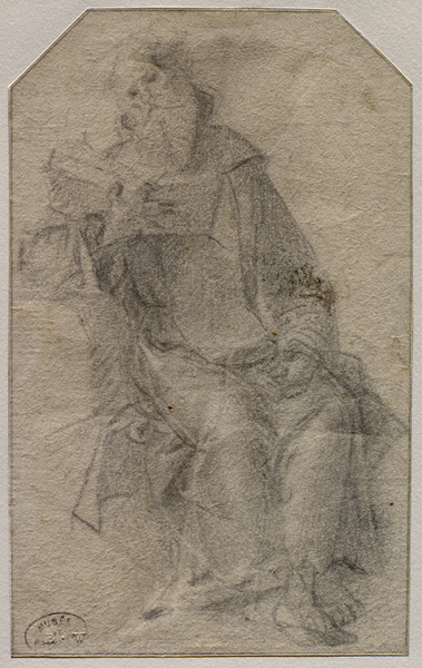 Etude de figure pour un saint Jérôme habillé en moine hiéronymite tenant de la main droite un livre et le lisant ; Moine en méditation (Ancien titre), Benedetto Montagna, 16e siècle