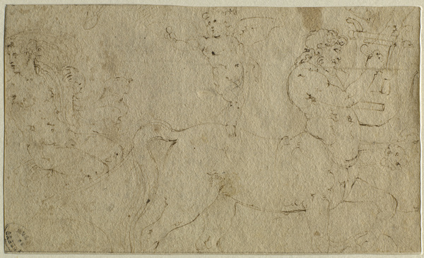 Centaure jouant de la lyre, un homme et un enfant ; Cortège mythologique (Ancien titre), Girolamo Da Carpi, 16e siècle