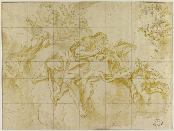 Etude pour une composition plafonnante ; Prophète entre deux anges (Ancien titre), Sebastiano Galeotti, 18e siècle