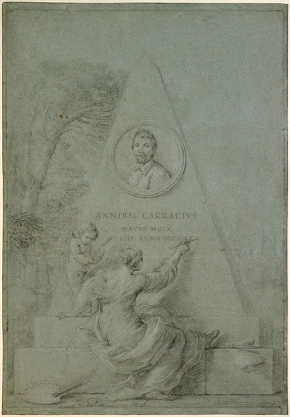 Hommage à Annibale Carracci ; Femme inscrivant le nom d'Annibal Carracus sur une stèle (Titre attribué) ; Portrait de Annibale Carracci (Ancien titre), Stefano Pozzi, 18e siècle