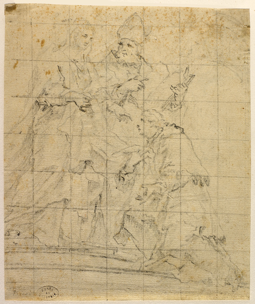 Prélat agenouillé devant deux saints ; Un personnage agenouillé devant une sainte et un évêque (Ancien titre), Sebastiano Ricci, 18e siècle