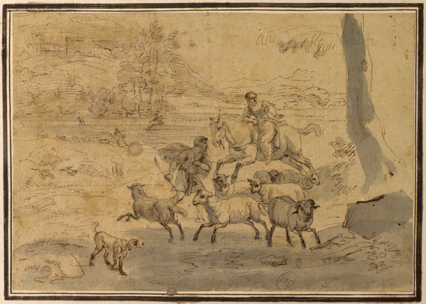 Cavalière avec un berger et ses moutons dans un paysage ; Femme à cheval et troupeaux (Ancien titre), Gaspare Vanvitelli, 17e siècle