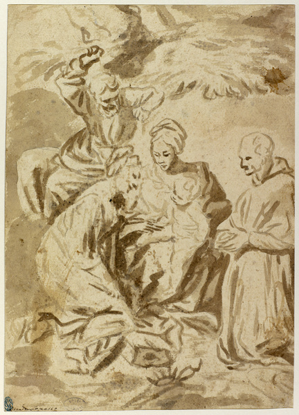 Etude pour un mariage mystique de sainte Catherine en présence d'un prélat ; Adoration (Ancien titre), Francesco Cairo, 17e siècle