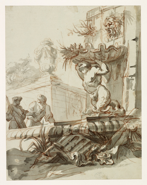 Deux hommes près d'une fontaine ornée d'un triton ; Fontaine (Ancien titre)_0