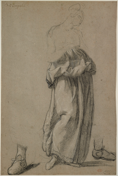 Figure debout, drapée, et détail de deux pieds chaussés ; Etude de draperie (Ancien titre), Jacopo Da Empoli, 16e siècle