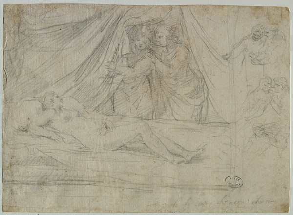 Deux figures soulevant une draperie épiant une femme nue allongée sur une couche, reprises avec variantes de ces deux figures ; Femme endormie (Ancien titre), Flaminio Torri, 17e siècle