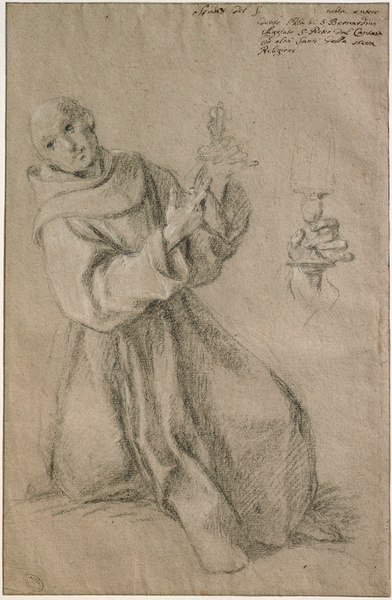 Etude pour la figure de saint Jacques de la Marche ; Moine agenouillé montrant un reliquaire et étude de main (Ancien titre), Antonio Balestra, 18e siècle
