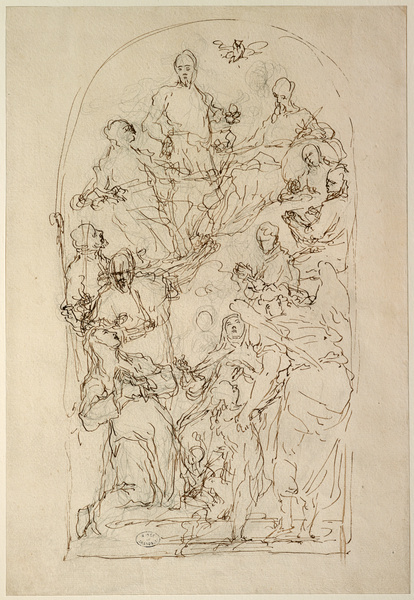 Etude pour un tableau d'autel représentant la Vierge et sept saints intercédant auprès de la Trinité pour l'âme d'un enfant accompagné de son ange gardien ; Vierge entourée de saints (Ancien titre), Alessandro Gherardini, 17e siècle