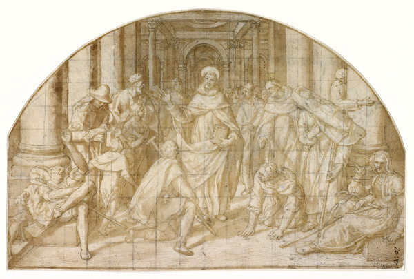 Episode de la vie de saint Dominique prêchant devant des infirmes et de nombreuses figures ; Saint faisant l'aumône (Ancien titre), Sébastiano Vini, 16e siècle