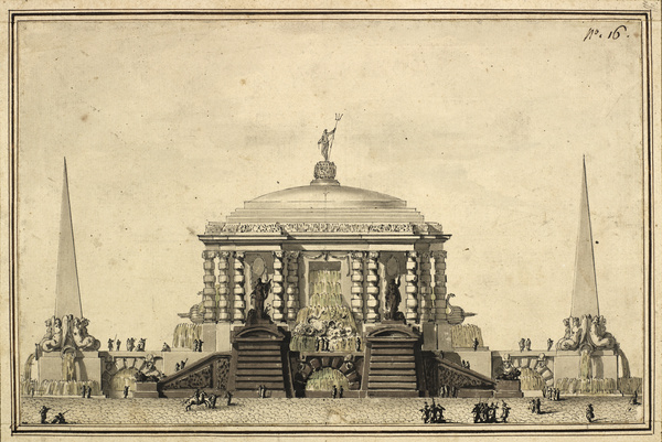 Projet pour une fontaine avec deux obélisques ; Vue de temple (Ancien titre), Jean-Charles Delafosse, 18e siècle