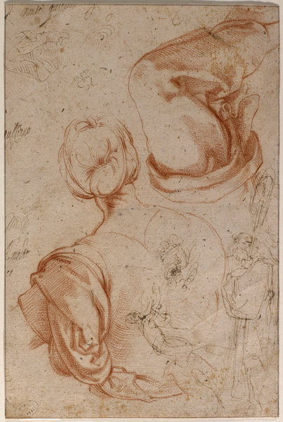 Feuille d'études comprenant une femme vue de dos, un pan de draperie et des figures en pied ; Etude de draperie (Ancien titre), Bartoloméo Salvestrini, 17e siècle