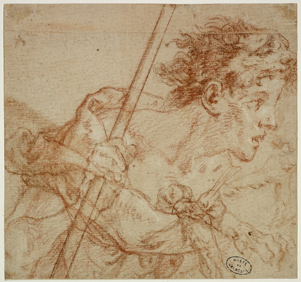 Etude de figure ; Tête de jeune garçon courant, une peau de bête sur les épaules (Ancien titre), Dandré-Bardon, 18e siècle