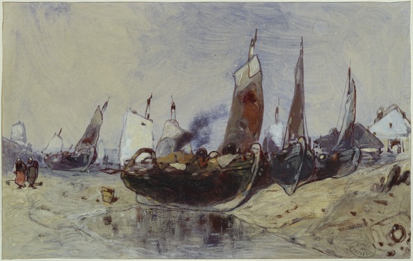Bateaux au bord de l'eau, Eugène Deshayes, 19e siècle