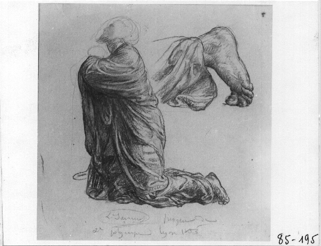 Homme drapé agenouillé et reprise du pied gauche ; Étude pour le décor de l'église Saint-Polycarpe, Louis Janmot, 1855
