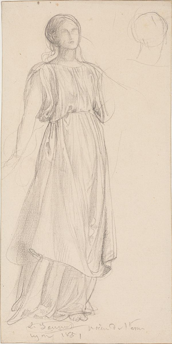 Étude de jeune femme debout drapée et reprise de la tête de dos, Louis Janmot, 1851 Vers