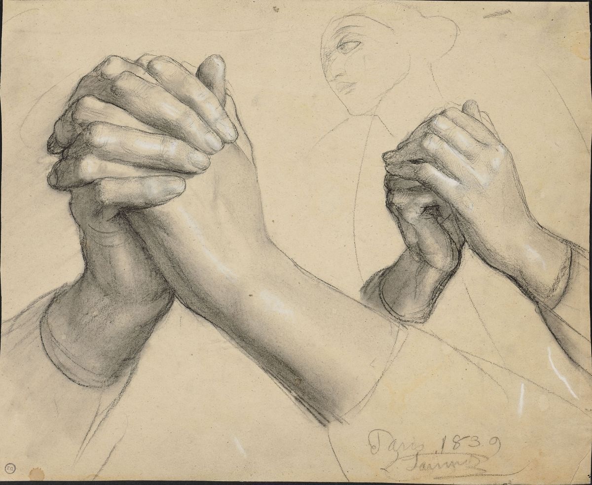 Croquis de tête de femme et deux études de mains jointes, pour le Christ au Jardin des Oliviers, Louis Janmot, 1839