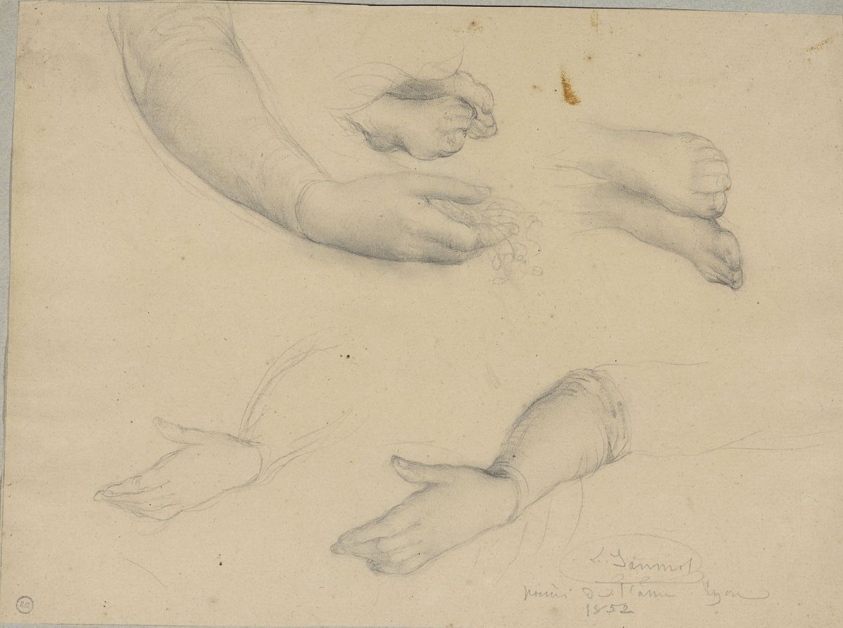 Étude de bras droit tenant une gerbe, deux études de bras gauche et deux études des pieds, Louis Janmot, 1852