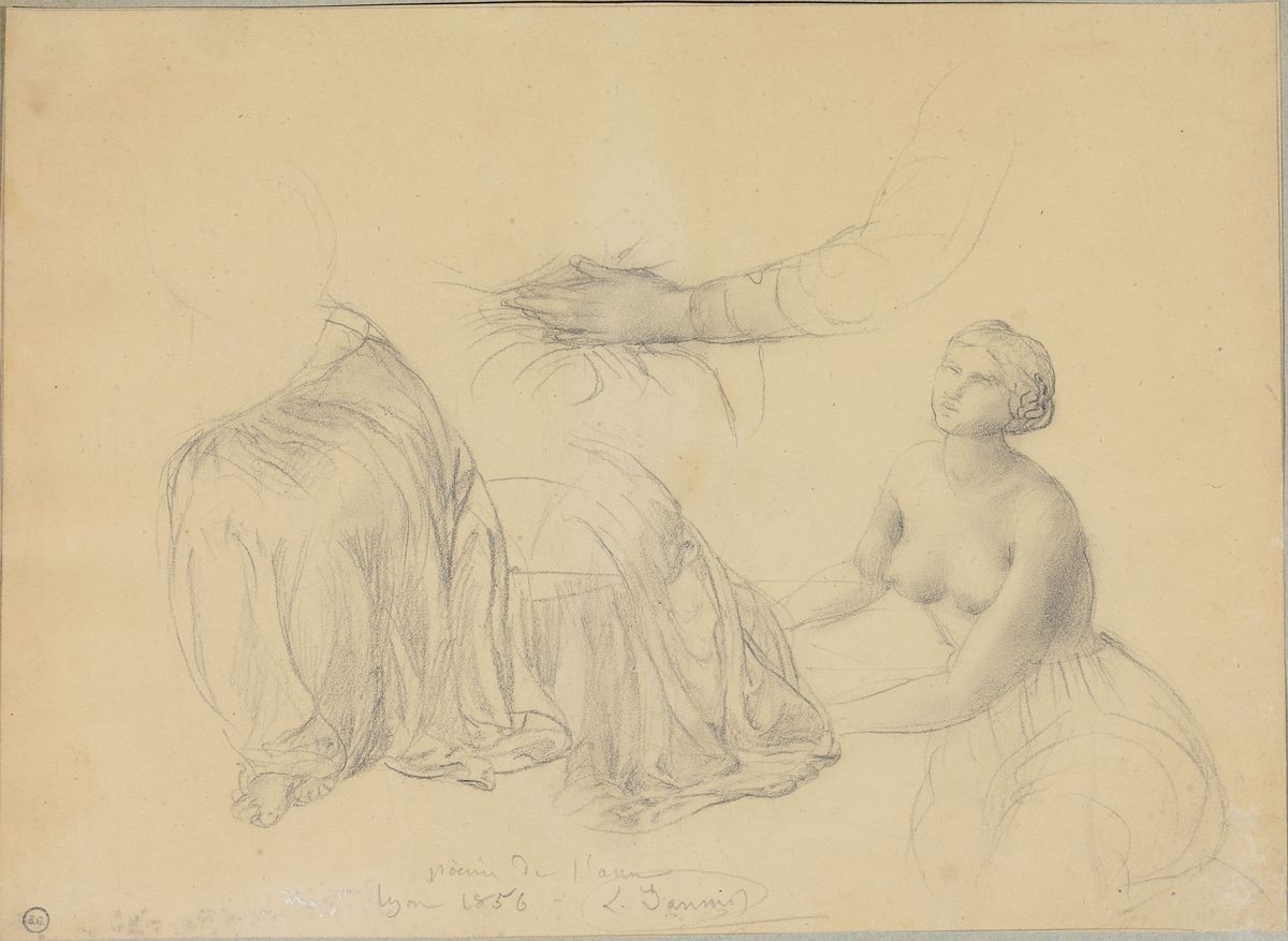 Étude de drapé, étude de bras gauche et femme le buste nu de trois quarts vers la gauche, Louis Janmot, 1856